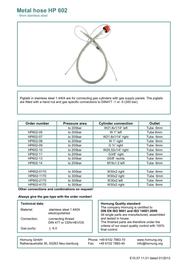 Regulator HORNUNG HP 602 (Metal hose optional with CV)